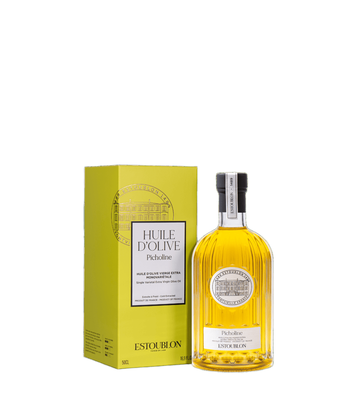 Huile d’olive Picholine vierge extra en bouteille sur fond neutre