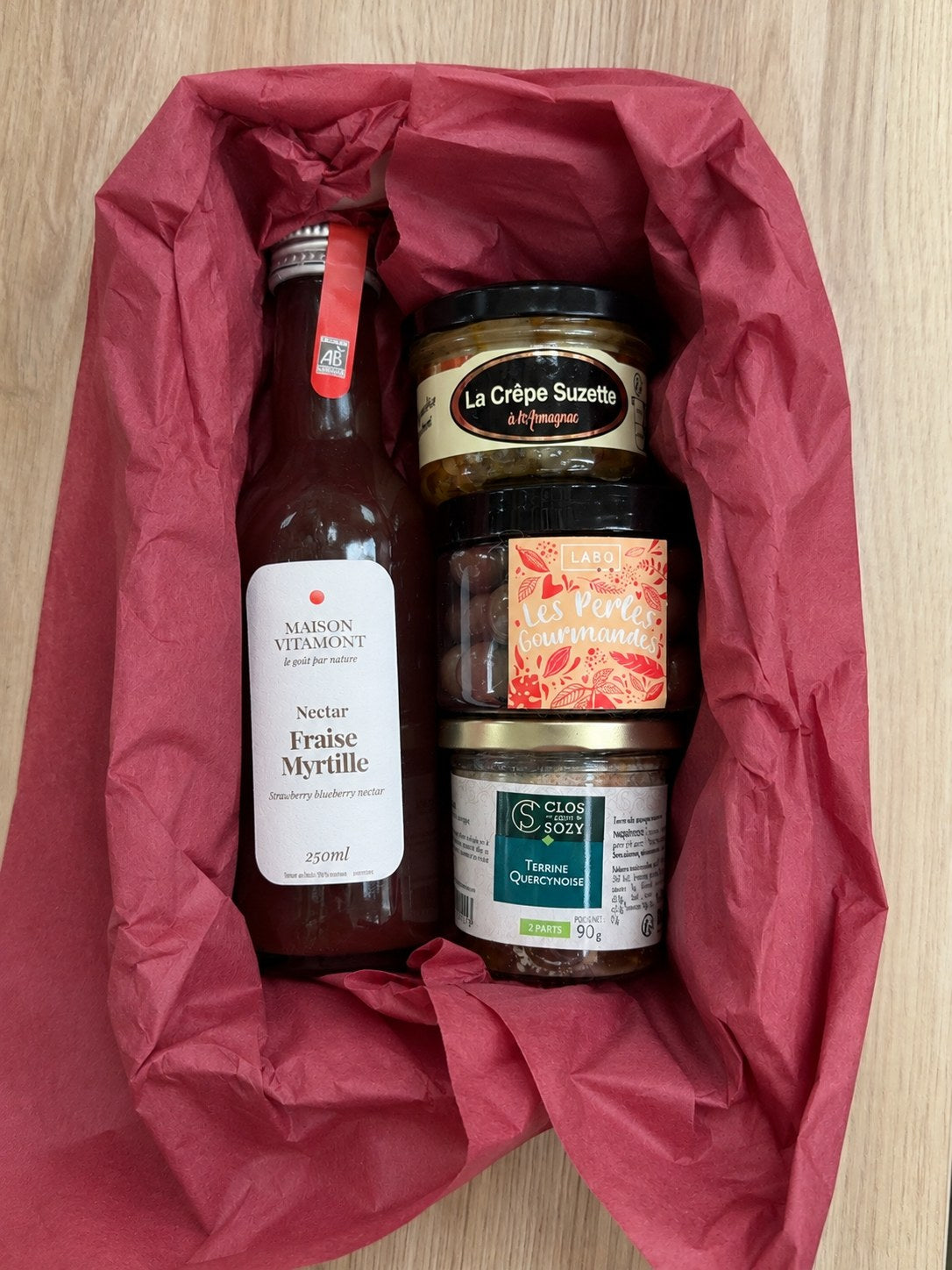 Coffret découverte sucré-salé du Sud-Ouest PRUNO : nectar fraise myrtille, crêpe Suzette à l'Armagnac, perles gourmandes LABO et terrine quercynoise