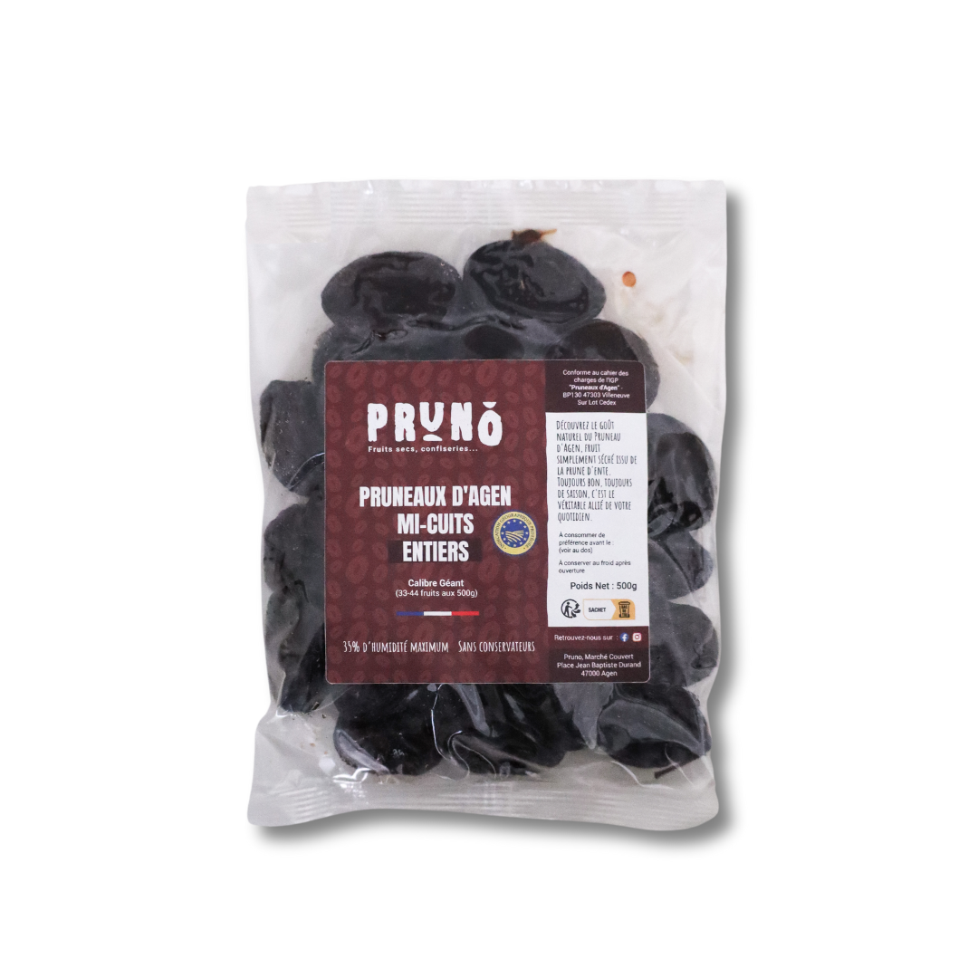 packshot sachet de pruneaux d’Agen mi-cuits entiers 500g