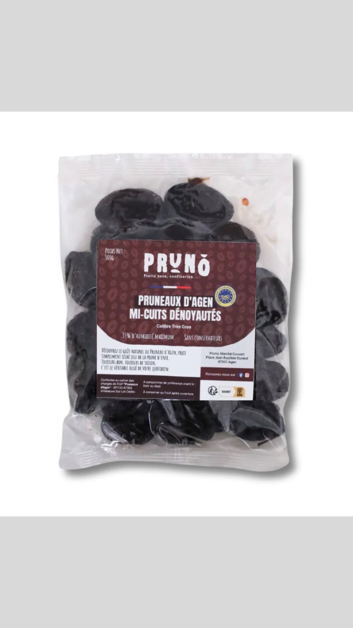 packshot sachet pruneaux mi-cuits dénoyautés 500g